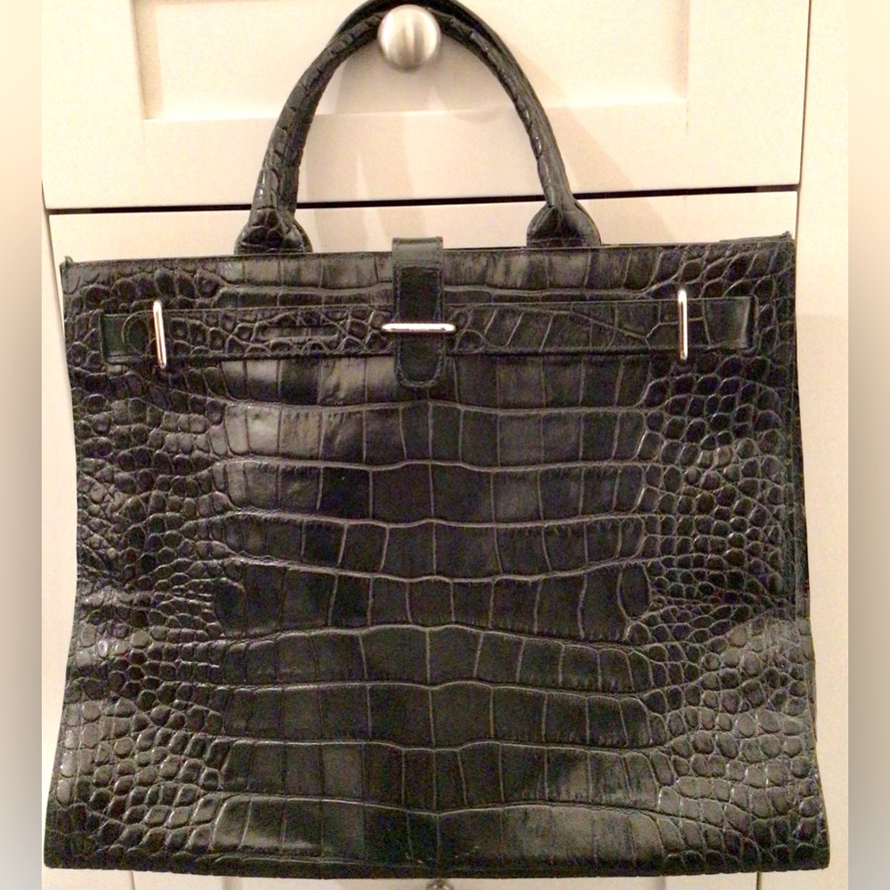 FURLA Dark Green Croc Embossed Tote Handle Bag - As New!